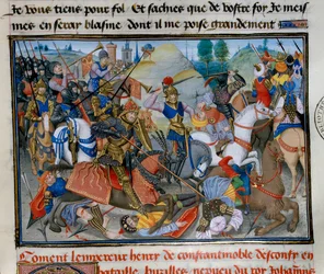 The Emperor of Constantinople Henry I of Flanders Hainaut (1177-1216) during a battle. Miniature from Chronicle abregee by David Aubert