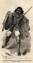The Game, or Brave Has Three Hair, Abyssinian Gun Soldier. Engraving to illustrate the voyage in Abyssinia, in 1862 by Guillaume Lejean, in Le tour du monde, nouveau journal des voyages published under the direction of Edouard Charton