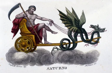 The God Saturn (or Cronos) on a chariot drawn by two dragons. From an illustration by Raffaello Sanzio. Engraving of the 19th century.