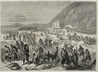 The Insurrection in Dalmatia - insurrection against conscription imposed by the Austrian government - Dalmatia events. Insurgents attacking the State Trinita Fort, near Kotor - Bay of Kotor - 1869