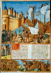 The King of France Louis IX (Saint Louis) (1214-1270) embarking on the seventh crusade. Miniature taken from “Les passages faits Outremer par les Français contre les Turks et autres Sarrazins et Moures Outremarine” by Sebastien Mamerot