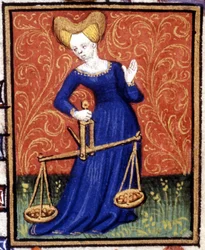 The Libra. Miniature of a horoscope. 15th century manuscript. Bibl. Trivulziana, Milan.