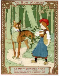 The Little Red Riding Hood meets the wolf - Bon Marché advertising label