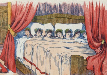 The Little Thumb and his brothers sleep, crown on his head. Illustration for 
