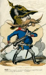 The Needle Rifle - Portrait of Otto von Bismarck (1815-1898), Chancellor of Prussia - Mars, god of war, disappointed himself as Prussian to try the needle rifle and play a bad trick on the Austrians... Caricature