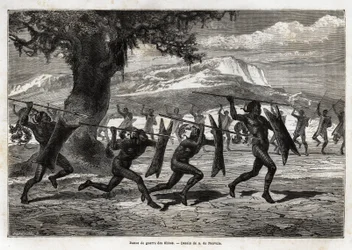 The Obbos (tribe of Uganda) performing a war dance. Engraving to illustrate the voyage to Lake Albert, in 1861-1864, by Sir Samuel White Baker, in 
