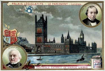 The Palace of Westminster, or Parliament of London (England), with Portraits of William Ewart Gladstone (1809-1898) and Benjamin Disraeli, Lord Beaconsfield (1804-1881) - Liebig Chromolithography
