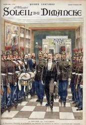 The Rentree of Parliament; Mr. Paul Deschanel, Speaker of the House of Deputes attending the sitting. Engraving in Le sun-du-dimanche, November 19