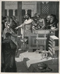 The Roman Emperor Caligula (12-41) in a brocanter in Roman Gaul. Engraving from 1885 in 