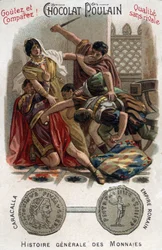 The Roman Emperor Caracalla (188-217) murdered his brother Geta in the arms of his mother. In General History of Coins. Chocolate-coloured chromolithography from the end of the 19th century. Private collection.
