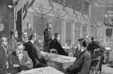The Socialist Congress of Halle (Saxony) in 1890 in the presence of August Bebel, Engraving of 1890