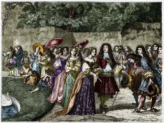 The Sun King (Louis XIV in the gardens of Versailles surrounds his courtyard). Engraving of the 19th century.