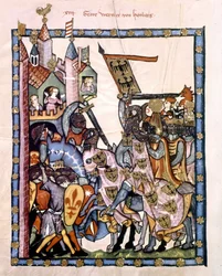 The Swiss poet and knight Graf Werner von Homberg (1284-1320) at the service of Emperor Henry VII besieged a stronghold defended by the Angevine troops of Sicily. Miniature of the Codex 