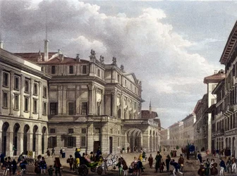The Teatro alla Scala in Milan at the beginning of the 19th century. Engraving of the period. Museo della Scala de Milan