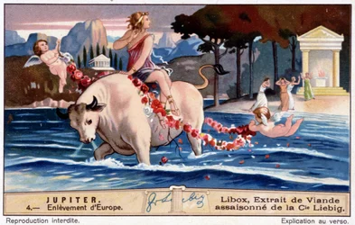 The abduction of Europe by Jupiter, looks like a white bull - Libox chromolithography, produced Liebig