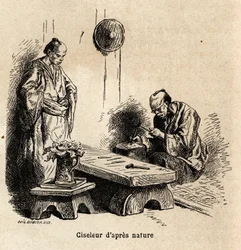 The after nature chiseller. Engraving to illustrate the voyage to Japan in 1863-1864, by Aime Humbert, minister of the Swiss Confederation, in 