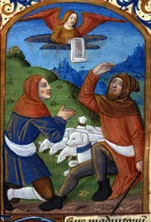The angel announces to the shepherds the birth of Jesus. 15th century manuscript. Biblioteca Nazionale Braidense, Milan
