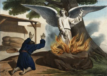 The angel appearing to Gideon to liberate the people of Israel from the occupation of the Midianites. Anonymous engraving from the middle of the 19th century.