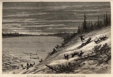 The arrival of passengers by dog sledding at the Yukon River (extreme northern Canada) completely freezes. Engraving to illustrate the voyage and adventures in English Colombia, Vancouver Island and Alaska, by Frederick Whymper