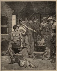 The art of glass: experience of batavic tears. Drops of molten glass are dropped into a cold water bath, which freeze in the form of tears. Engraving from 1885 in 