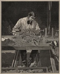 The art of lathe: faconing of a torso column. Engraving from 1885 in 