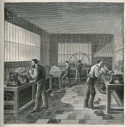 The art of lathe: metal work in a workshop of a turner-repeller. Engraving from 1885 in 