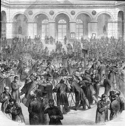 The basket of exchange agents, on the Paris Stock Exchange in 1865. Engraving after the drawing by M.G. Roux