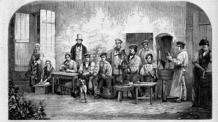 The bottling of Champagne wine. Engraving from 1864