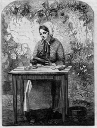 The bottling of Champagne wine. Engraving from 1864