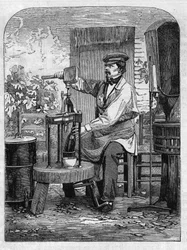 The bottling of Champagne wine. Engraving from 1864