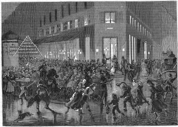 The boulevard of the Italians in Paris on a night of Bal at the opera. Engraving of 1873
