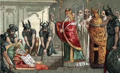 The burial of Charlemagne in 814 in the cathedral of Aachen in Germany. Chromolithography of the late 19th century.