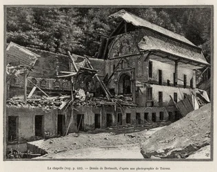 The chapel destroyed by the overflow of the Arve. Berteault engraving to illustrate the story 