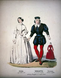 The characters of Gilda, Rigoletto and Giovanna in Act III of the opera 