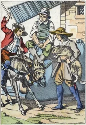 The children of the handler, who just died, share his property: donkey, mill and cat. Illustration of the tale 