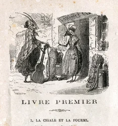 The cicada and the ant. Fable by La Fontaine. 19th century engraving