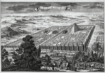 The city walls of Babylon surrounding the hanging gardens and the tower of Babel