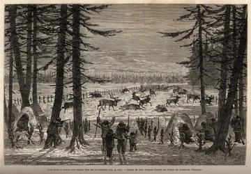 The coral for reindeer hunting in the Co-Yukon (co-Yukon or co-Youkouk) (Indian tribe of extreme northern Canada). Engraving to illustrate the voyage and adventures in English Colombia, Vancouver Island and Alaska, by Frederick Whymper