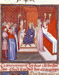 The coronation of Saint Louis in 1226. Miniature from 