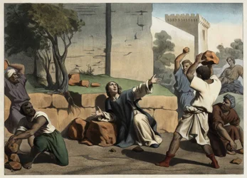 The death of Saint Stephen: Saint Stephen stoned by the Jews is considered the first Christian martyr (Anonymous engraving from the middle of the 19th century)
