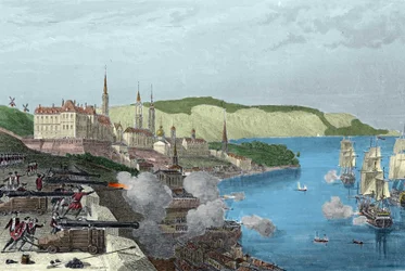 The defense of Quebec by Count Louis de Buade, Count of Frontenac (1622-1698) on 16/10/1690. Colored engraving in 