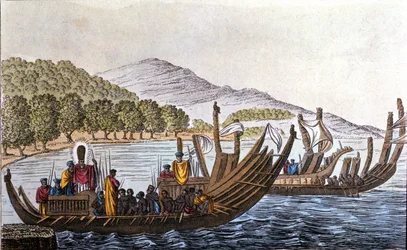 The department of Polynesians for the Pacific aboard double-hull canoes. Lithograph from the beginning of the 19th century