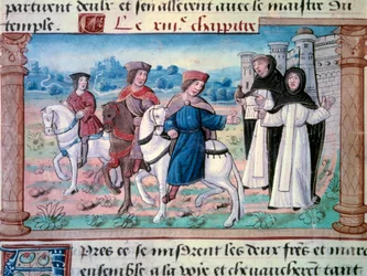 The departures of brothers Nicolo and Matteo Polo, father and uncle of young Marco Polo with the young man around 1271. Miniature taken from The Book of Wonders (Devisement du monde, Il Milione) by Marco Polo