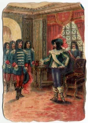 The discord between the three Musketeers and the guard of Cardinal Jules Mazarin. Chromolithography of the 19th century