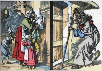 The Disguised Wolf Knocks on the Door. Illustration of 