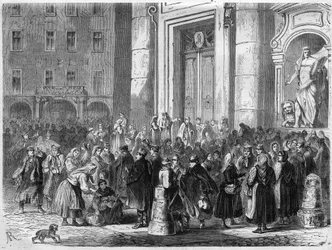 The domestic trade fair in Dresden, Germany. Engraving in 