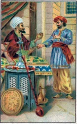 The enchanted apple. History of Prince Ahmed and the fairy Pari Banou. Tale of 1001 nights. Chromolithography of the late 19th century.