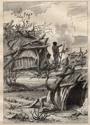 The expedition around the world by Captain Etienne Marchand: indigenous cabins of the land of Enddacht (Australia) - illustration taken from The Great Mariners of the 18th century