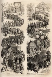 The grand procession of the Mikado (Emperor of Japan), at the dairi, the ancient imperial castle of Heian-kyo (present-day Kyoto) from 794 to 1869. Engraving to illustrate the voyage to Japan in 1863-1864, by Aime Humbert, minister of the Swiss Confederati