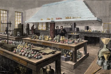 The great laboratory of Louis Pasteur (1822-1895), French chemist and biologist, at the École normale supérieure - Louis Pasteur in his laboratory at the École normale supérieure - Engraving by Meyer, 1884